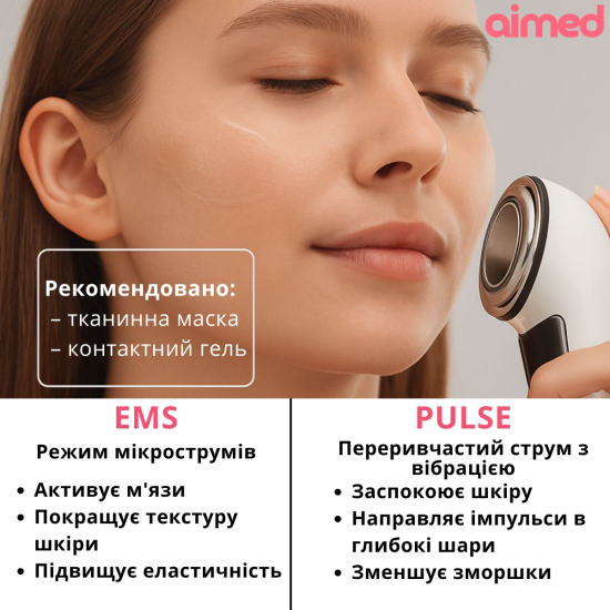 Мікрострумовий массажер для обличчя AIMED SkinLift Pro Anti-Aging з функцією RF Lifting, Hot&Cold компресом, EMS та LED світлотерапією колір білий