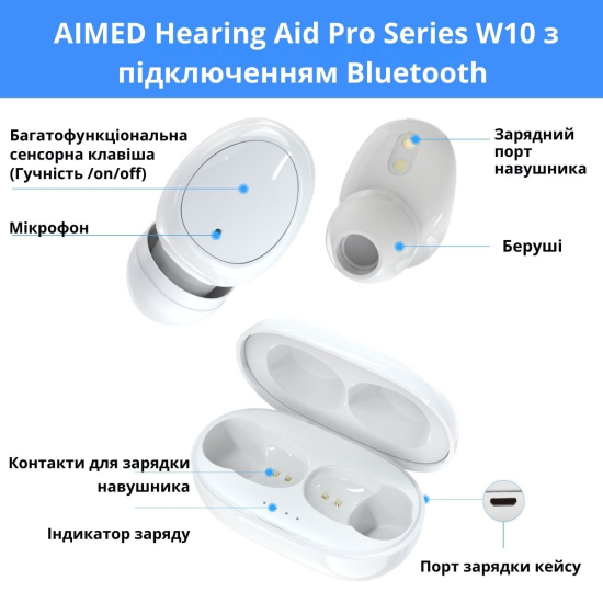 Слуховий апарат AIMED Hearing Aid Pro Series W10 з підключенням Bluetooth та портативним кейсом для зарядки колір чорний
