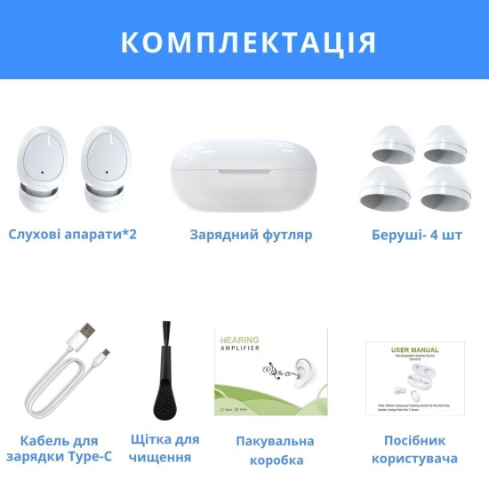 Слуховий апарат AIMED Hearing Aid Pro Series W10 з підключенням Bluetooth та портативним кейсом для зарядки колір чорний