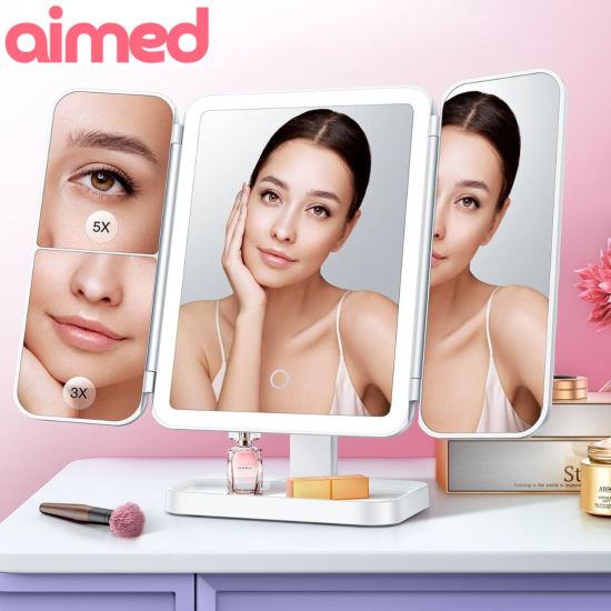 Дзеркало для макіяжу AIMED Makeup Mirror 360 з акумулятором та LED підсвіткою 